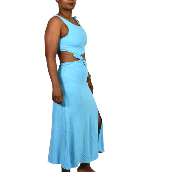 Sundays Tie Shoulder Midi Dress Blue Cutouts Midriff Hemp Slit Two Piece Small - Picture 6 of 12